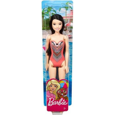 Mattel Barbie Doll Beach - Black Hair Doll with Pink Graphic Swimsuit (DHW38)