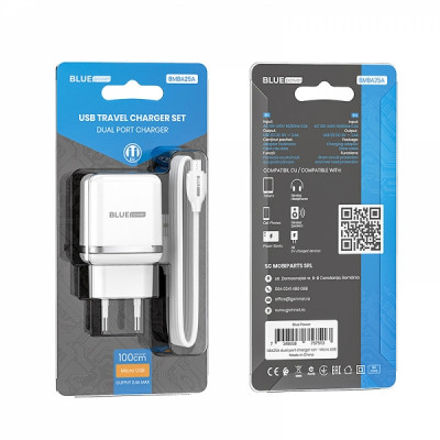 BLUEPOWER TRAVEL CHARGER 2 PORTS 2.4A + DATA CABLE MICRO USB white