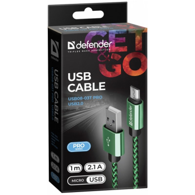 DEFENDER USB TO MICRO USB BRAIDED FABRIC DATA CABLE 2.1 A  1m green