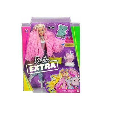 Mattel Barbie Extra: Doll with Fluffy Pink Jacket with Pet Unicorn Pig (GRN28)