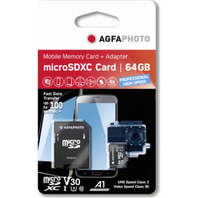AgfaPhoto MicroSDXC UHS-I   64GB High Speed C 10 U3 V30 + Adapter